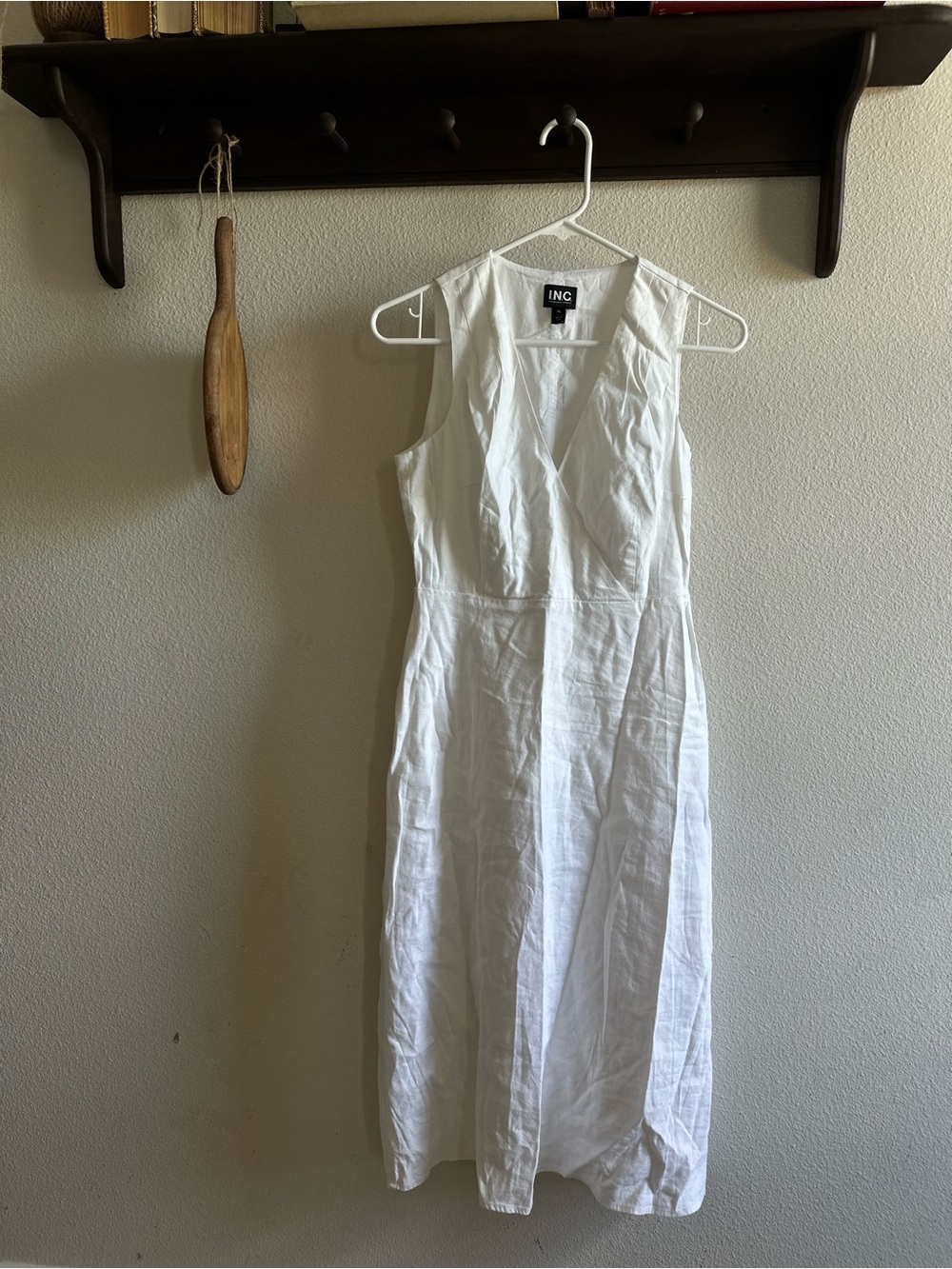 INC International Concepts White Sleeveless V-Neck Linen-Blend Midi Dress